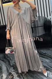 Satin Solid Color V-neck Lotus Leaf Sleeve Loose Pleated Maxi Dress