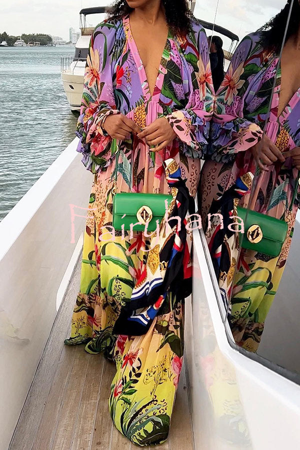 Jessy Tropical Print Tiered Ruffle Balloon Sleeve Vacation Maxi Dress