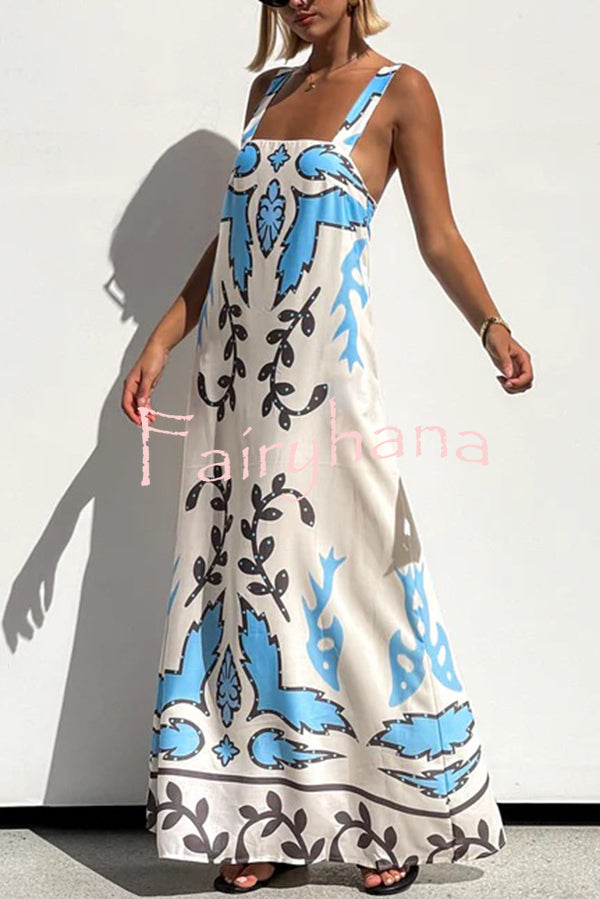 Unique Print Square Neck Open Back Lace-Up Loose Maxi Dress