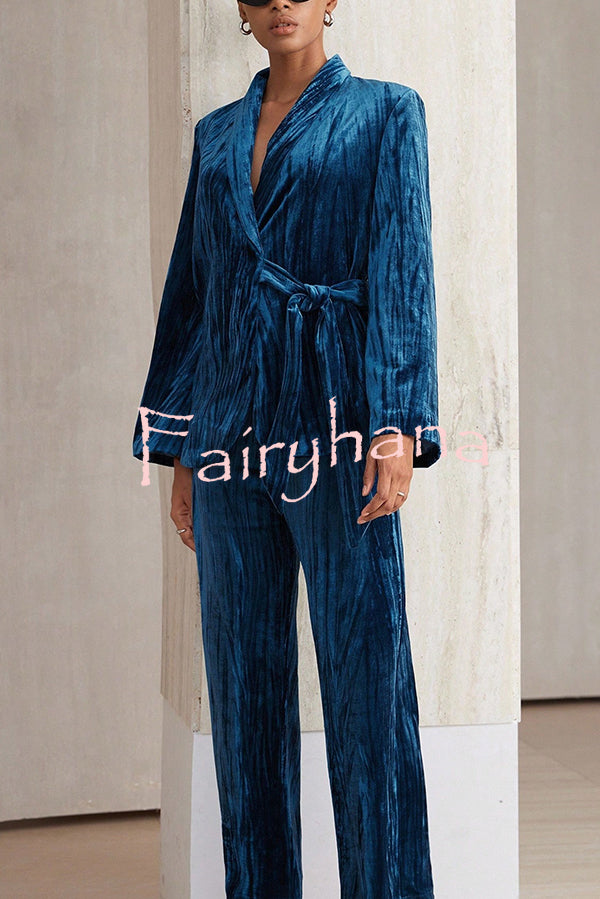 Solid Color Velvet Pleated Long-sleeved Tie Top and Casual Pocket Straight-leg Pants Set
