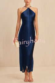 Sexy Allnight Metallic Halterneck Backless Fringed Slit Maxi Dress