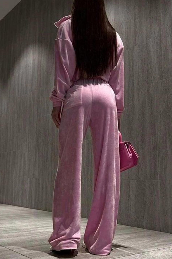 Solid Color Velvet Long-sleeved Zip-up Sweatshirt and Elastic Waist Casual Pocket Straight-leg Pants Set
