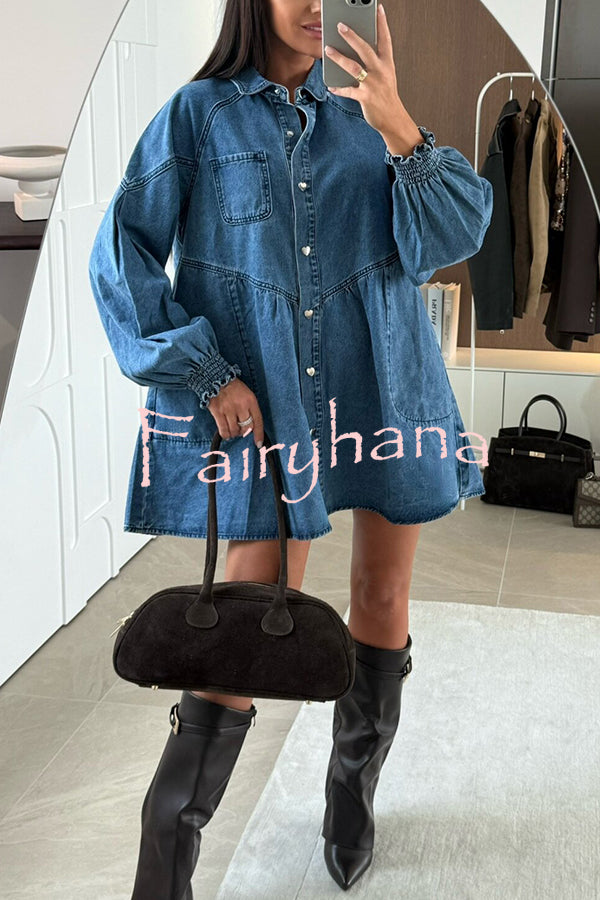 Fashion Heart Button Long Sleeve Casual Pocket Denim Mini Dress