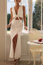 Solid Color Hollow Embroidery V-neck Lace-up Top and Slit Maxi Skirt Set