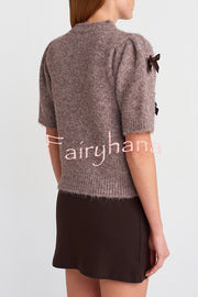 Jensin Knit Satin Bow Detail Short Sleeve Crop Sweater