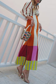 Kaya Linen Blend Color Block Print Front Cutout Knot Puff Sleeve Maxi Dress