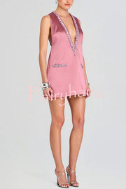 Elegant Demeanor Satin Gemstone Trim Deep V-Neck Tank H-line Mini Dress