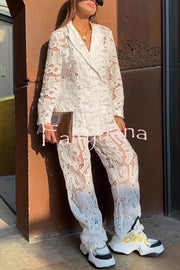Fashionable Lace Long-sleeved Lapel Loose Top and Casual Hollow Pants Set