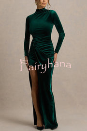 Wishes Velvet High Neck Long Sleeve Ruched Waist Wrap Slit Stretch Maxi Dress
