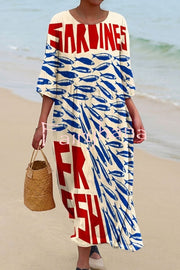 Unique Marine Print V-neck Short-sleeved Midi Dress