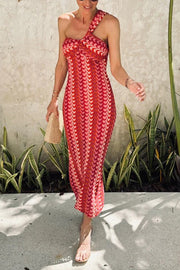 Colorful Zigzag Pattern Lace One-shoulder Slim Vacation Midi Dress