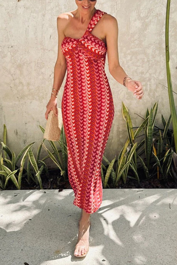 Colorful Zigzag Pattern Lace One-shoulder Slim Vacation Midi Dress