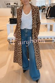 Leopard Print Long Sleeve Pocket Casual Maxi Trench Coat