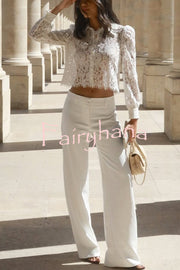 Paris Trends Floral Lace Puff Shoulder  Button Long Sleeve Blouse