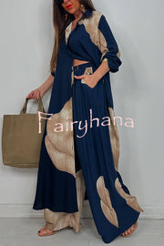 Unique Printed Casual Loose Long Shirt and Elastic Waist Pocket Wide Leg Pants Set