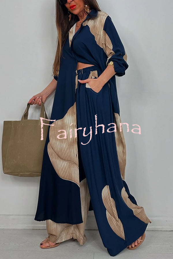 Unique Printed Casual Loose Long Shirt and Elastic Waist Pocket Wide Leg Pants Set