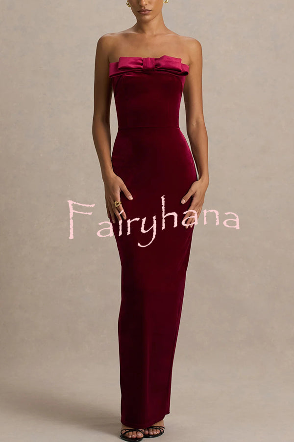 Illusion Velvet Bandeau neck Bow detail Stretch Maxi Dress