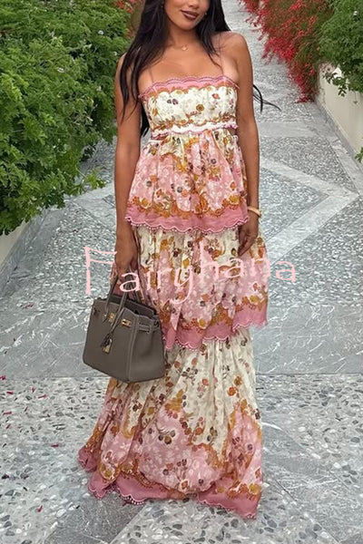 Charming Smile Floral Print Scalloped Lace-trim Back Tie-up Tiered Maxi Dress