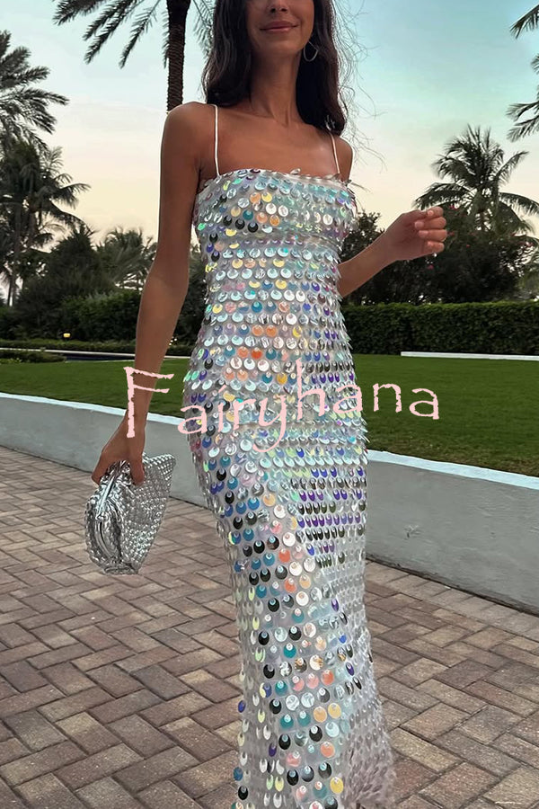 Sexy Sequined Halter-neck Backless Slim Fit Slit Midi Dress