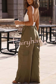 Great Week Pleated Elastic Waist Zipper Pocket Wide Leg Cargo Pants