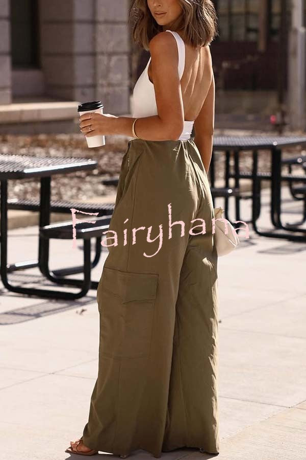 Great Week Pleated Elastic Waist Zipper Pocket Wide Leg Cargo Pants