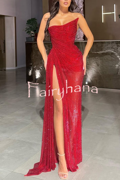 Lysette Sequin Pleated Design Irregular Off-shoulder Slit Drape Gown Maxi Dress