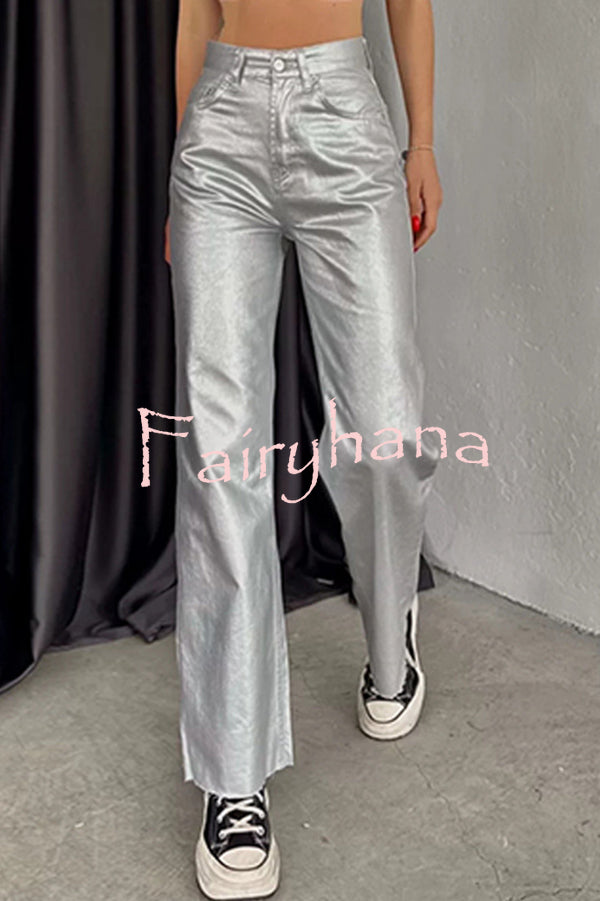 Stylish Metallic Fabric Pocket Casual Straight Wide-Leg Pants