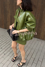 Solid Color Loose Long Sleeve Pocket Casual Leather Jacket