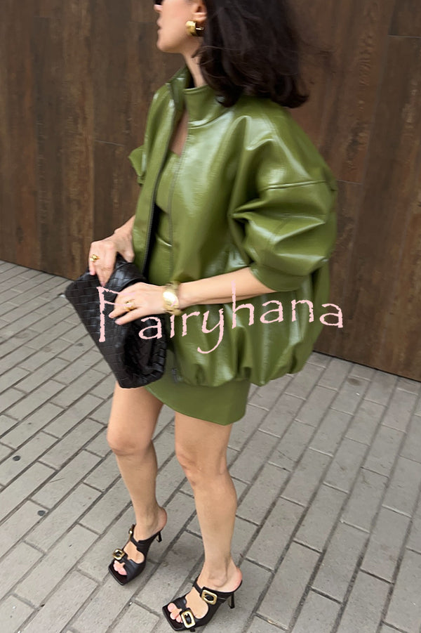 Solid Color Loose Long Sleeve Pocket Casual Leather Jacket