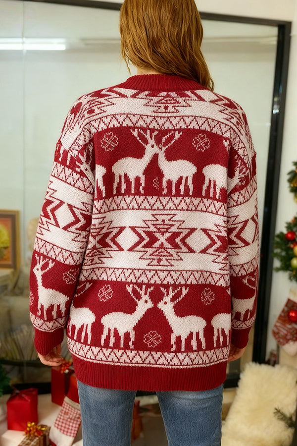 Christmas Reindeer Pattern Loose Long-sleeved Knit Cardigan