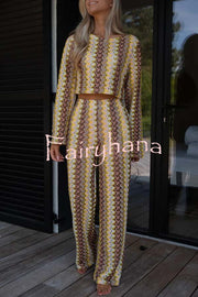 Tamia Knit Colorful Wave Unique Print Crop Top and Stretch Wide Leg Pants Set