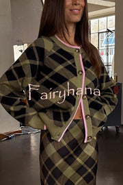 Holiday Plaid Knit Color-blocked Trim Button Long-sleeved Loose Cardigan