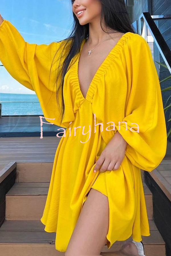 V Neck Puff Sleeve Solid Color Resort Style Mini Dress