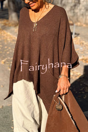 Fashion V-neck Loose Pocket Mid-length Knitted Sweater