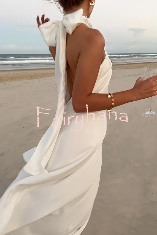 Floral Embellished Satin Halterneck Backless Resort Maxi Dress