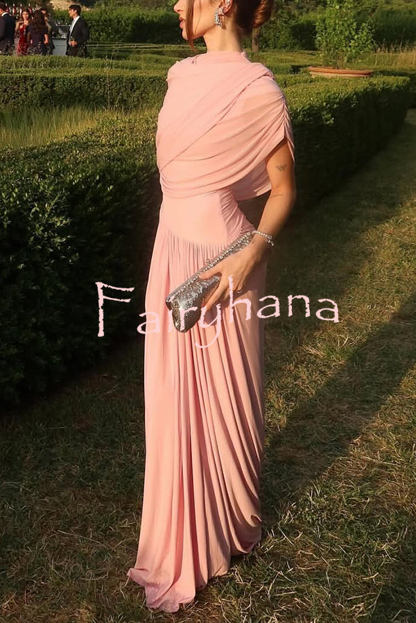 Elegant Mesh Cape-style Pleated Draped Maxi Dress