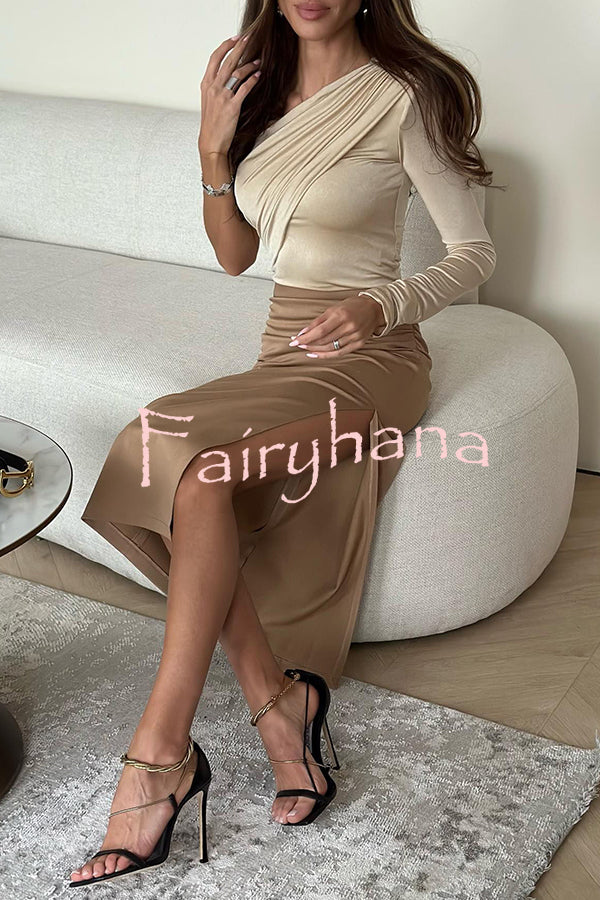 Keeping Fashion Pleated Shoulder Pads One Sleeve Stretch Top