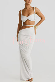 Sexy Halter Back Braided Suspender Top and Beach Holiday Style Hip-wrapped Maxi Skirt Set