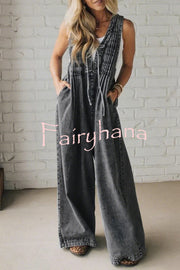 Fashionable and Casual Sleeveless V-neck Lace-up Loose Pocket Jumpsuit