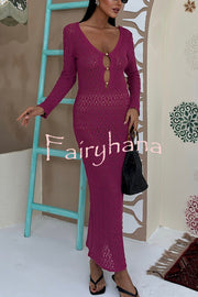 Fashion V-neck Long-sleeved Hollow Slim Maxi Dress