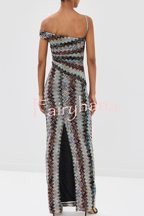 Cocktails and Vacation Knit Colorful Zigzag Pattern One Shoulder Slit Maxi Dress