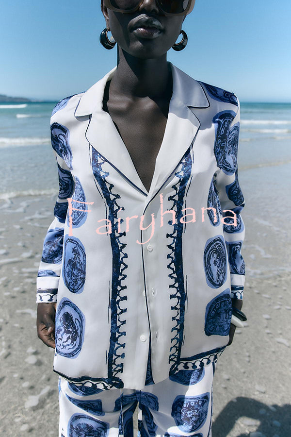 Unique Print Lapel Long Sleeve Shirt and Elastic Waist Wide Leg Pants Set