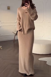 Solid Color Long-sleeved V-neck Casual Knitted Sweater and Elegant Maxi Skirt Set