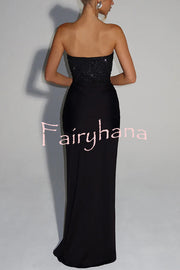 Carina Sequined and Satin Jersey Off Shoulder Ruched Knot Drape Maxi Dress