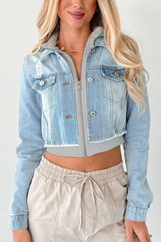 Fashionable Patchwork Hooded Casual Long-sleeved Denim Jacket