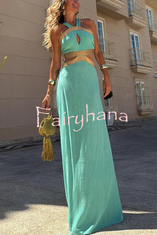 Avery Gold-rimmed Bamboo Cutout Back Tie-up Maxi Dress