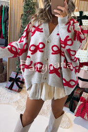 Santa Baby Knit Bow Color Block Button Up Long Sleeve Oversized Fit Cardigan