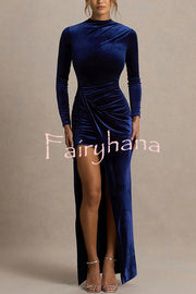 Wishes Velvet High Neck Long Sleeve Ruched Waist Wrap Slit Stretch Maxi Dress