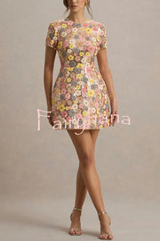 80's Inspired Floral Print Sequin Short Sleeve Stretch Mini Dress