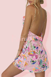 Round Neck Backless Sequin Floral Chain A Line Mini Dress